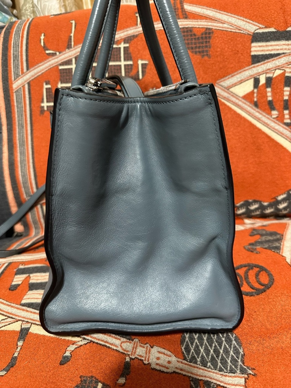 PRADA ❤️🌟 BLUE-GRAY LEATHER TOP-HANDLE SARCHEL W/ DETACHABLE LONG STRAP⭐️ - Picture 3 of 11